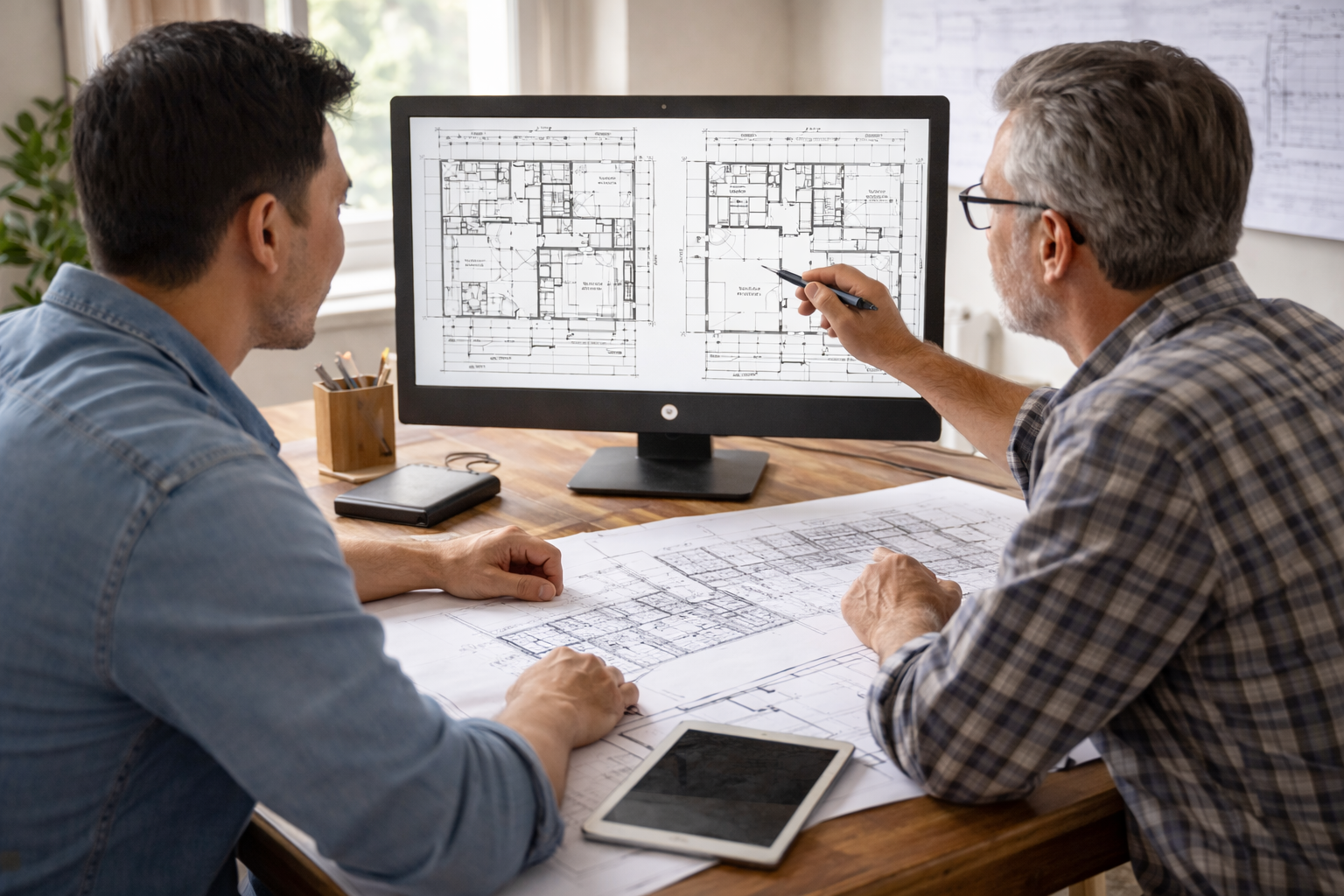 Architects reviewing floor plans together